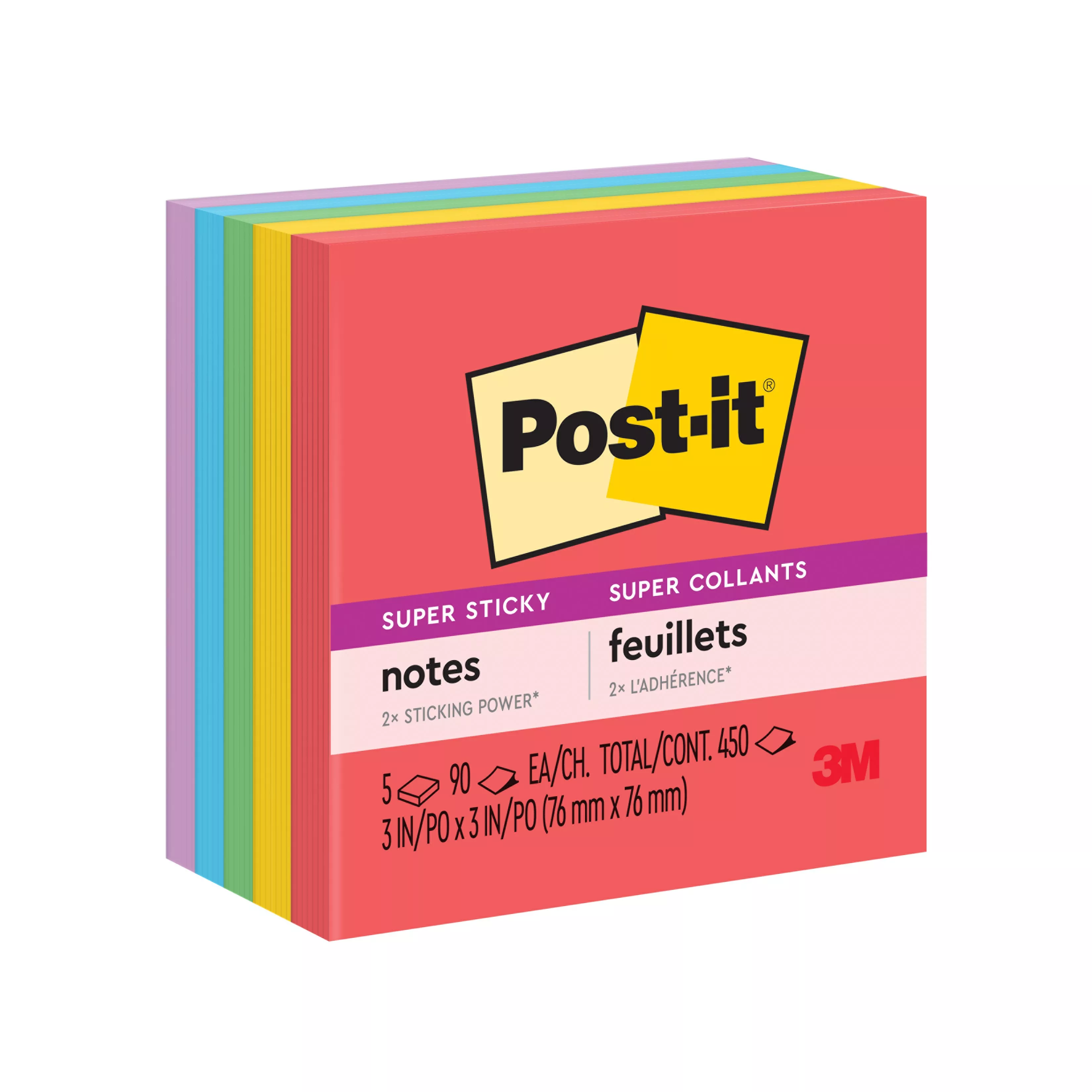 Post-it Super Sticky Notes 654-5SSAN, Playful Primaries Collection, 3 in x 3 in (76 mm x 76 mm), 100% PEFC, SGSCH-PEFC-COC-110078 (Case of 24) SKU 7100050239